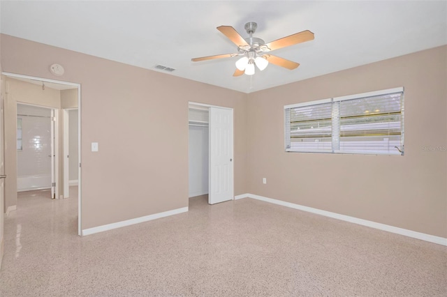 unfurnished bedroom with a closet and ceiling fan