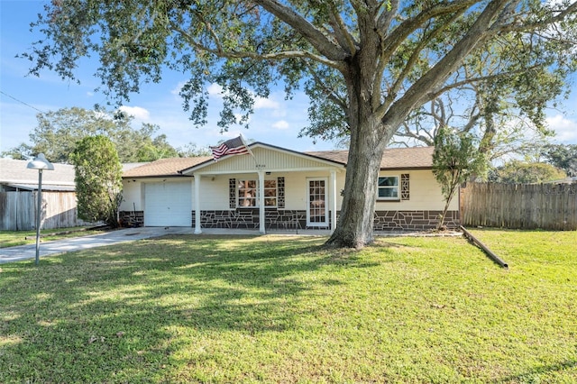 single story home with fence, a garage, concrete driveway, a front yard, and roof with shingles