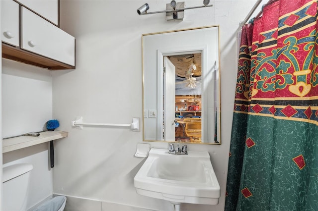 bathroom with a shower with curtain, toilet, and a sink