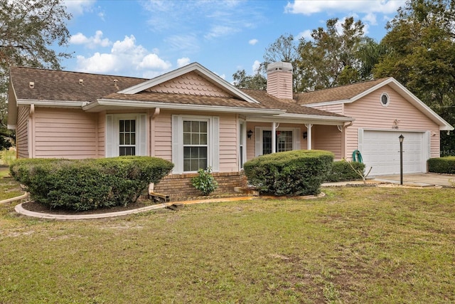 ranch-style home featuring a garage and a front lawn