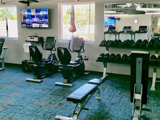 exercise room with carpet flooring