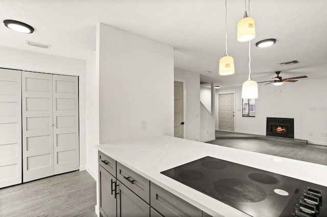 kitchen featuring light stone countertops, light hardwood / wood-style floors, black electric cooktop, pendant lighting, and gray cabinets