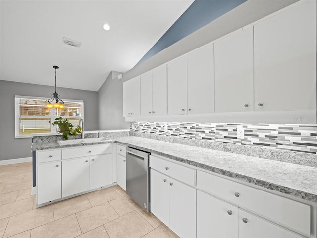 kitchen with pendant lighting, sink, tasteful backsplash, white cabinets, and stainless steel dishwasher