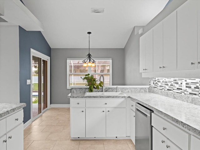 kitchen featuring sink, tasteful backsplash, hanging light fixtures, stainless steel dishwasher, and white cabinets