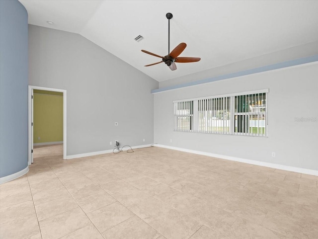 tiled empty room featuring plenty of natural light, high vaulted ceiling, and ceiling fan