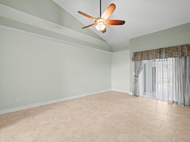 empty room with vaulted ceiling and ceiling fan