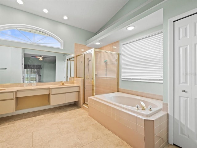 bathroom featuring independent shower and bath, vanity, vaulted ceiling, and ceiling fan