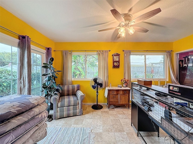 interior space with multiple windows, a textured ceiling, and ceiling fan