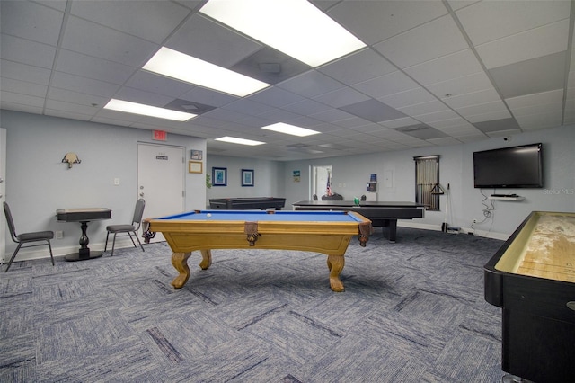 rec room with pool table, a paneled ceiling, and carpet flooring