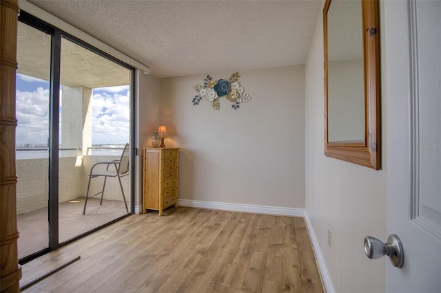 unfurnished room with a textured ceiling, light hardwood / wood-style flooring, and floor to ceiling windows