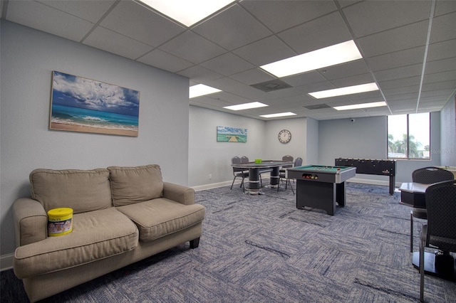 rec room with dark carpet, pool table, and a paneled ceiling