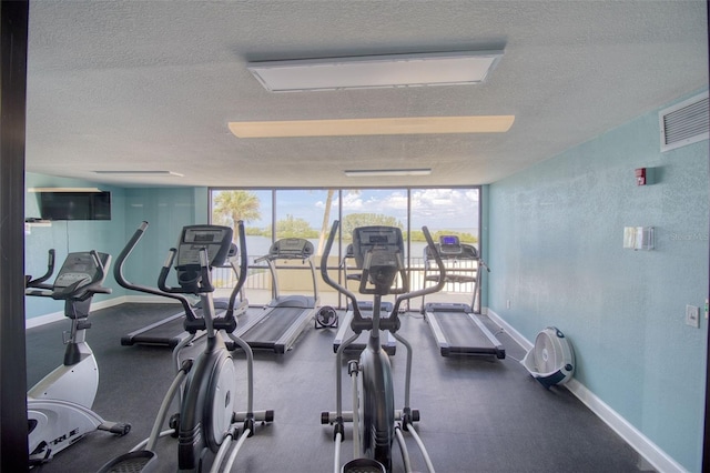 workout area featuring a wall of windows, a wealth of natural light, and a textured ceiling