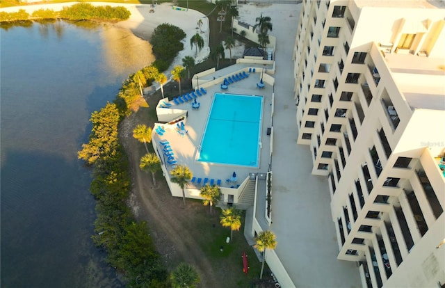 drone / aerial view featuring a water view