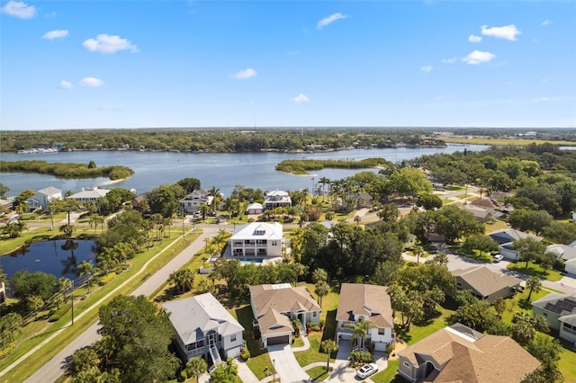 drone / aerial view featuring a water view