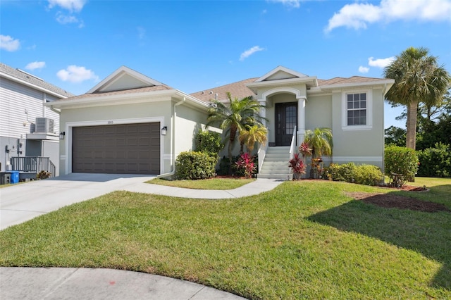 ranch-style house with a front lawn and a garage