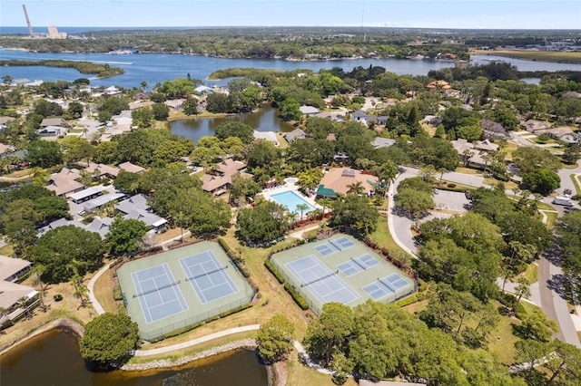 aerial view featuring a water view