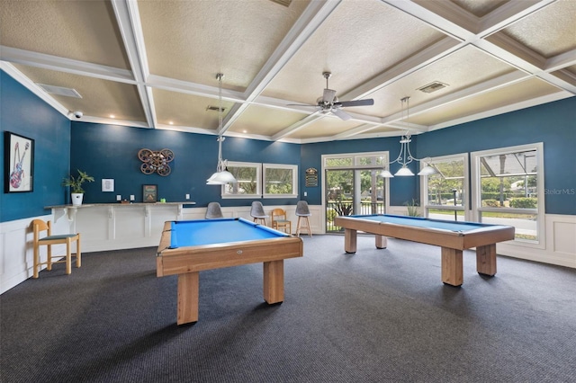 recreation room featuring beam ceiling, coffered ceiling, and billiards