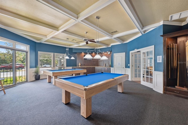 rec room with coffered ceiling, beamed ceiling, ceiling fan, billiards, and carpet flooring