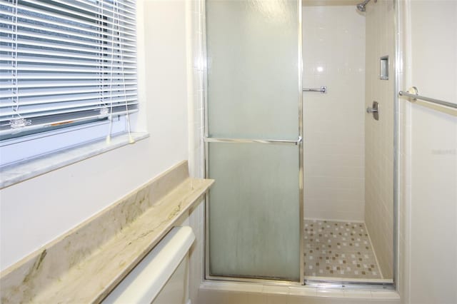 bathroom featuring a shower with door