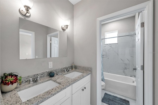 full bathroom featuring vanity, toilet, and shower / tub combo with curtain