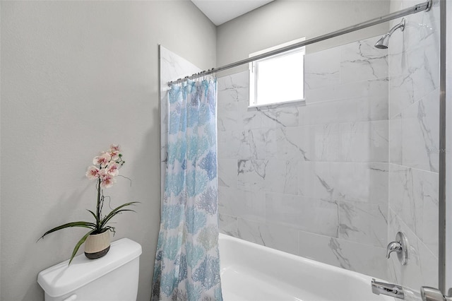 bathroom featuring toilet and shower / bathtub combination with curtain