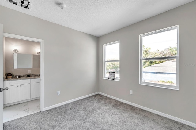 carpeted spare room with a textured ceiling and sink