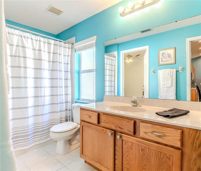 bathroom with ceiling fan, tile patterned floors, toilet, and vanity