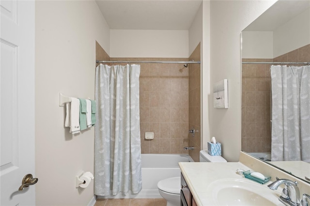 full bathroom featuring toilet, shower / bath combination with curtain, tile patterned floors, and vanity