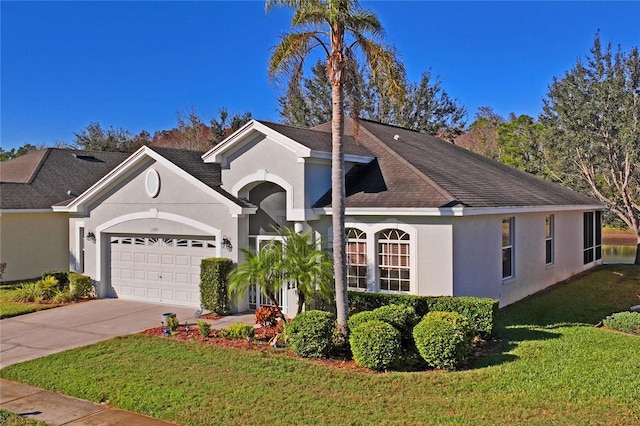 view of front facade with a front yard and a garage