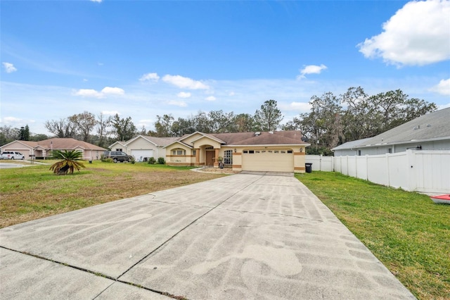 single story home featuring a front yard and a garage