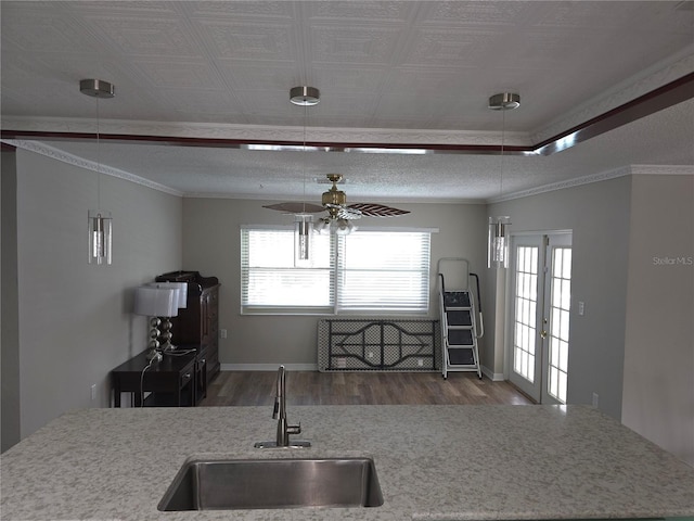 kitchen with ceiling fan, sink, crown molding, and hardwood / wood-style flooring