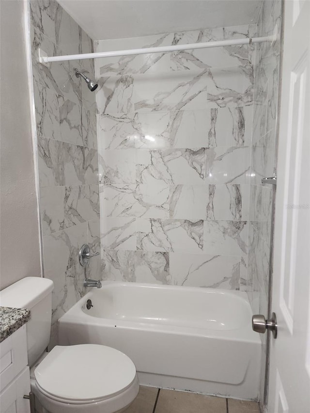 full bathroom with shower / bathtub combination, tile patterned flooring, vanity, and toilet