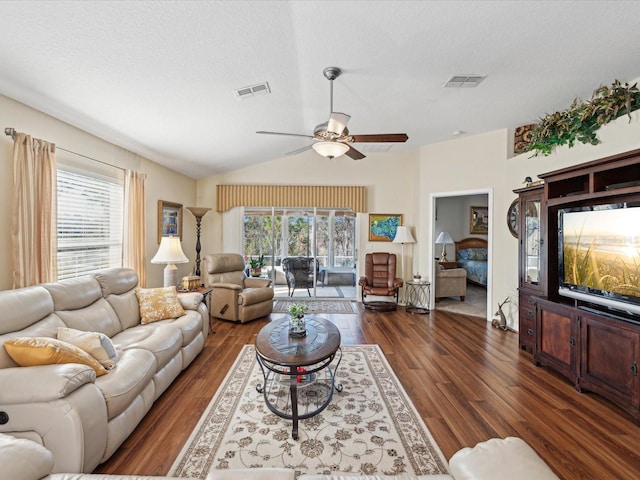 living room with dark wood-type flooring, lofted ceiling, plenty of natural light, and a textured ceiling