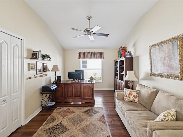 office area with lofted ceiling, ceiling fan, and dark hardwood / wood-style floors