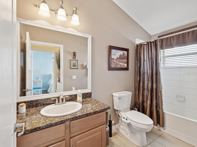 full bathroom featuring toilet, vaulted ceiling, shower / tub combo with curtain, tile patterned floors, and vanity