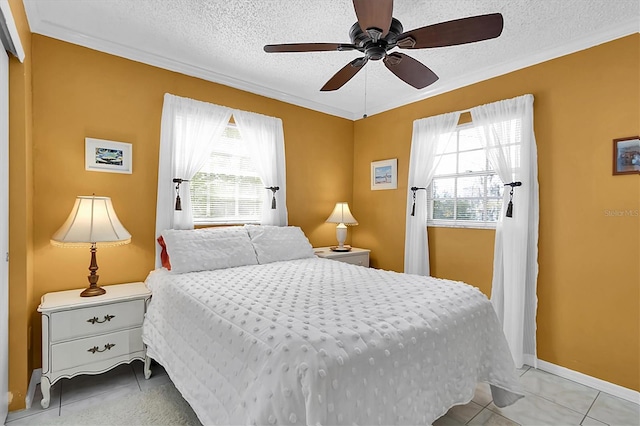 tiled bedroom with ceiling fan, crown molding, and multiple windows