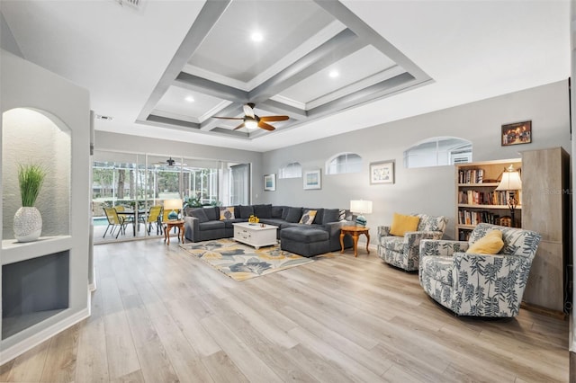 living room featuring coffered ceiling, ceiling fan, beamed ceiling, and light hardwood / wood-style flooring