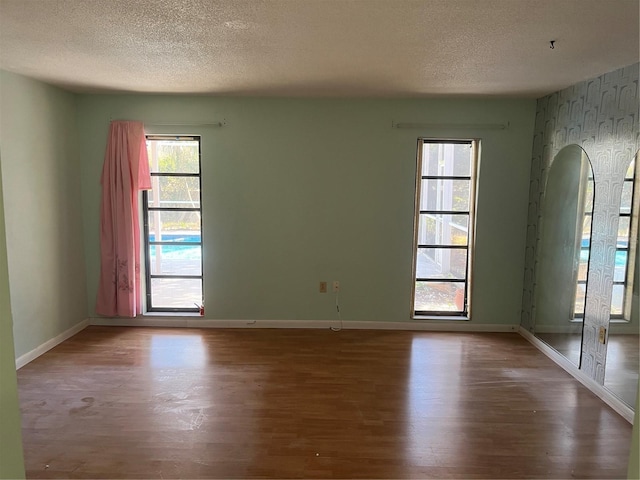 spare room featuring a healthy amount of sunlight, a textured ceiling, and wood-type flooring