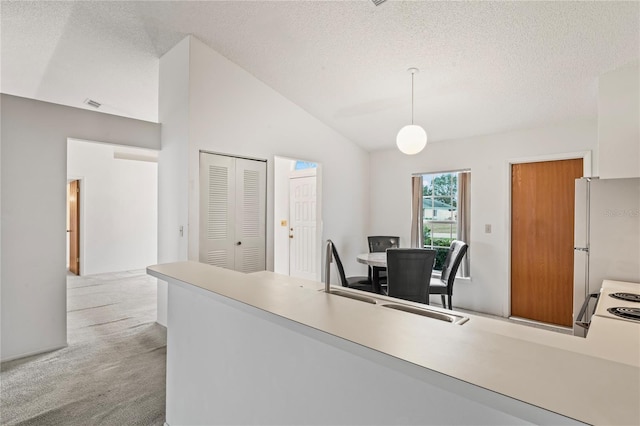 kitchen featuring white appliances, light colored carpet, lofted ceiling, and a textured ceiling