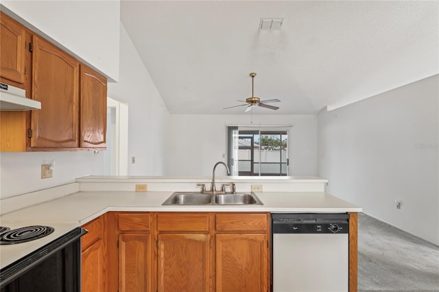 kitchen featuring sink, dishwasher, ceiling fan, kitchen peninsula, and light colored carpet