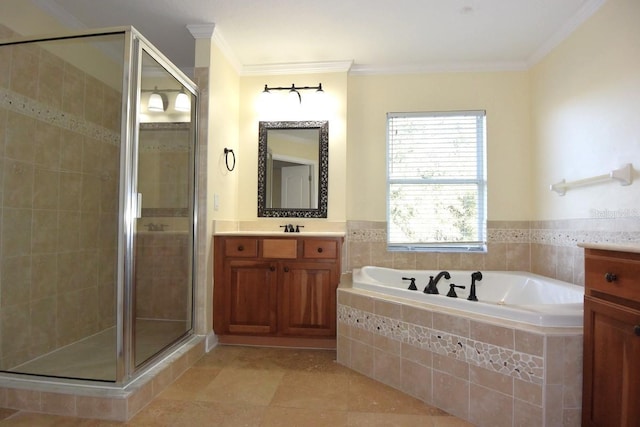 bathroom with vanity, tile patterned floors, crown molding, and plus walk in shower