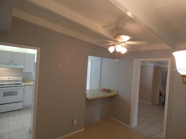 kitchen with range hood, ceiling fan, and white electric stove