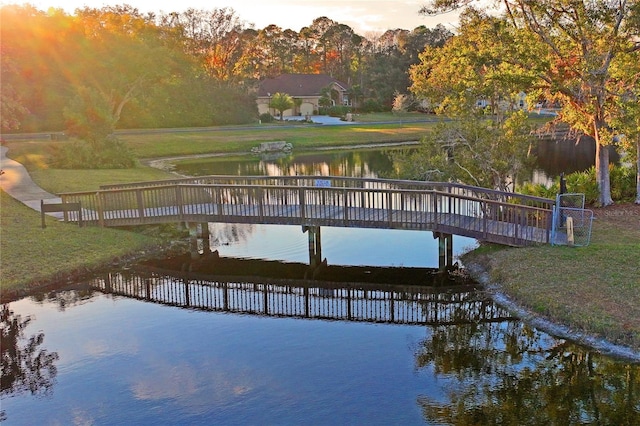 dock area featuring a yard and a water view