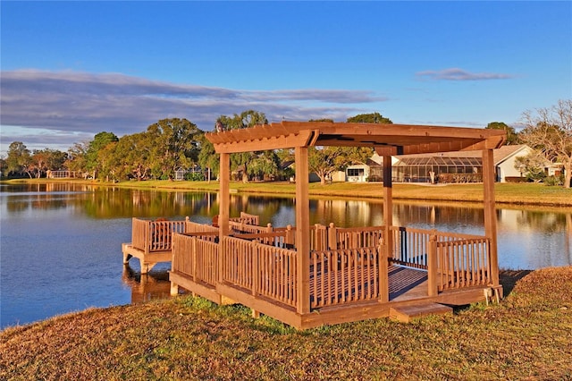 view of dock featuring a water view and a pergola