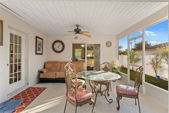 sunroom / solarium featuring ceiling fan and wooden ceiling