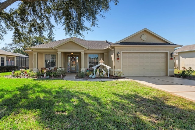 ranch-style home with a front lawn and a garage