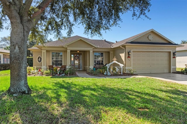 ranch-style house with a front yard and a garage