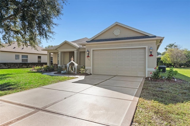 ranch-style house featuring a front yard, covered porch, a garage, and central AC unit