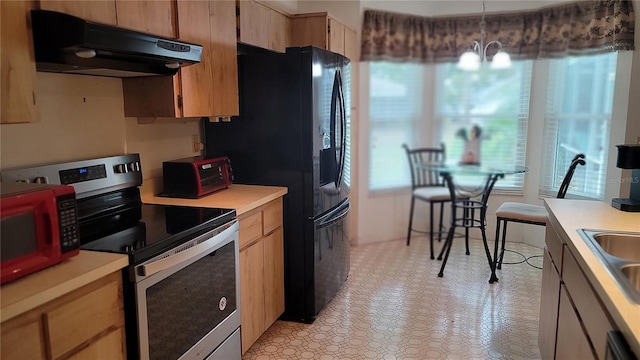 kitchen with decorative light fixtures, stainless steel electric range oven, black fridge with ice dispenser, and a notable chandelier