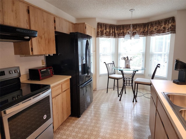 kitchen with a chandelier, pendant lighting, stainless steel electric range oven, a textured ceiling, and black fridge with ice dispenser